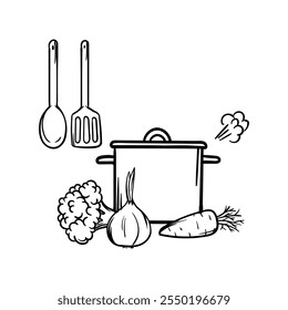 Simple vector coloring book of a saucepan, vegetables and kitchen spatulas. Hand drawn image of kitchen utensils, cafe, restaurant, cooking. Set of elements and icons for design and decoration