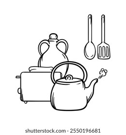 Simple vector coloring book with toaster, kettle, decanter and kitchen spatulas. Hand drawn image of kitchen utensils, cafe, restaurant, cooking. Set of elements and icons for design and decoration