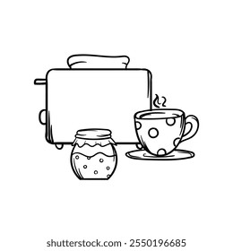 Simple vector coloring book of a toaster, a cup of hot tea and a jar of jam. Hand drawn image of kitchen utensils, cafe, restaurant, cooking. Set of elements and icons for design and decoration