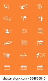 Simple vector company office icons on orange background. Line illustration of phone contacts, group of people on meeting, contract with sign, calendars, process, guidepost, laptop, mobile and helpdesk