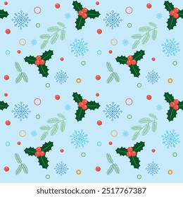 Simple vector composition of Green fir branches, green holly leaves with red berries, snowflakes and decorative elements on a blue background. Seamless Christmas patterns.