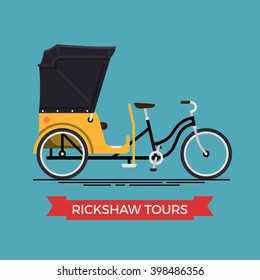 Simple vector concept illustration on cycle rickshaw city tours and sightseeing. Touristic bicycle transport bike taxi. Bikecab, pedicab or velotaxi local pedaling vehicle