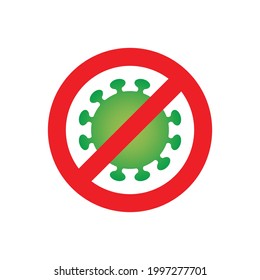 Simple vector of coronavirus flat icon inside a STOP sign or circle with a red line cross. Cartoon covid-19 isolated on a white background. Causes outbreaks of respiratory infections. EPS 10.