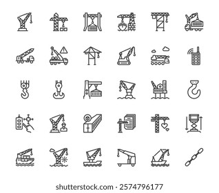 Simple vector crane type related such hook, cable outline icon set, industry and transportation cargo delivery concept, 48x48 pixel perfect icon editable stroke for website, mobile app, ux,ui design