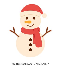 Einfache Vektorgrafik süße Schneemann Illustration im flachen Cartoon-Stil. Für Scrapbooking, Dekor, Weihnachten, Karte, Winter, Urlaub, Kinderdesign. Einziger Hintergrund. Handgezeichnet.