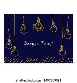 Simple vector dark blue horizontal template with outline illustration of many hanging light bulbs. Background for text, concept of idea, development, education, mind