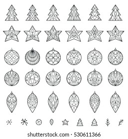 Simple vector decoration elements for New Year and Christmas in line geometric style.