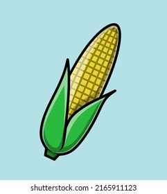 Simple vector delicious corn with beautiful green leaves.