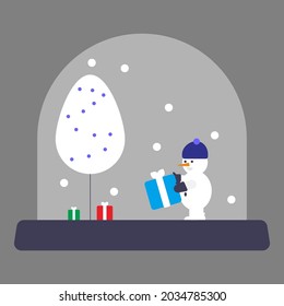 simple vector design animated snowman in bottle with snowman and christmas tree