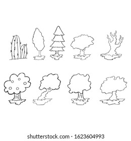 Simple Vector Design of a Cactus, The Apple Tree, Pine Tree, Tree and Dry Tree in Black and White