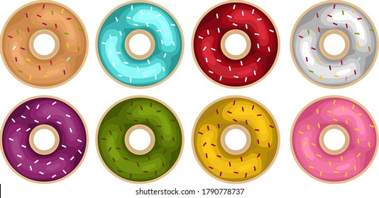Simple Vector Design of Donut in Brown, Blue, Red, White, Purple, Green, Yellow, and Pink