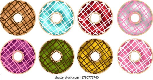 Simple Vector Design of Donut in Brown, Blue, Red, White, Purple, Green, Yellow, and Pink
