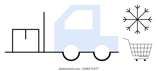 Simple vector design with forklift carrying box large snowflake and shopping cart. Ideal for logistics, cold storage, transportation, warehousing, and supply chain. Clean minimalist style