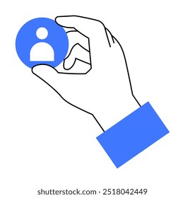 A simple vector design of a hand holding a blue circle with a white person icon, symbolizing user profile selection or management. Ideal for user interface, account management, social media, networkin