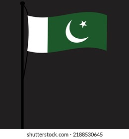Simple vector design illustration of the Pakistan flag with theme colors of white and green. Star and crescent on the flag. hanging from a black pole