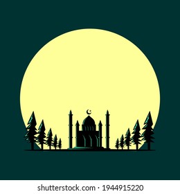 diseño simple vectorial de mezquita, ciprés y luna con fondo negro