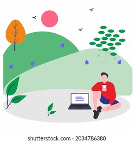 simple vector design, people working anywhere with laptops located in a park with hills as a view