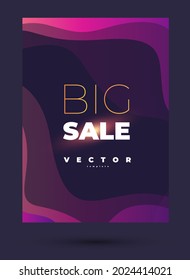 Simple vector design with pink transparent wavy lines and lettering big sale and glowing on the black background