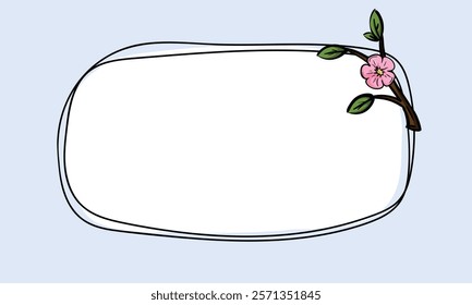 Simple vector design of postcard template with blossoming tree branch, flower. Editable frame with spring design. Hand drawn background for text, photo, price tag, sticker