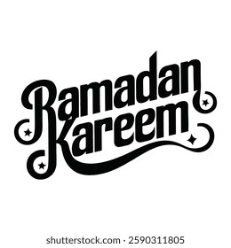 A simple Vector design Ramadan Kareem English calligraphy lettering greeting text banner on White background.