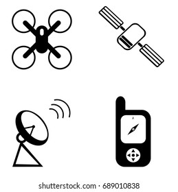 Simple vector design of a set of communication icons including a GPS receiver, satellite dish, satellite and a drone in black and white drawing