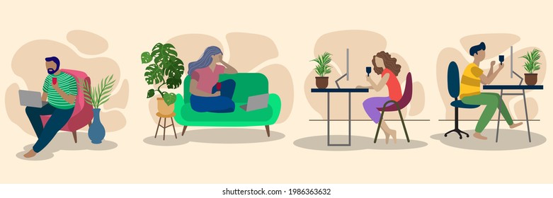 Simple vector design, several situations of people working at home