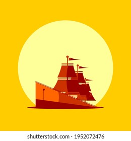 simple vector design of ship and sunset view background