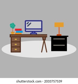
simple vector design study desk layout, computer desk with decorative table lamp and synthetic plants and desk with drawers