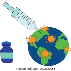 Simple vector design with the theme of covid-19 virus vaccination with some objects such as a syringe, medicine