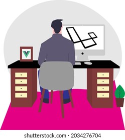 Simple vector design work from home, students studying, zoom meeting with room home layout