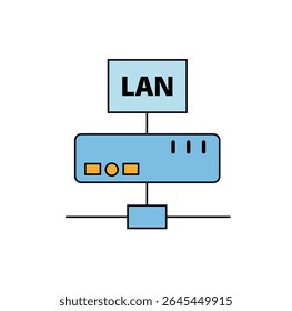 Um diagrama vetorial simples que ilustra uma configuração de LAN, com um rótulo de "LAN" conectado a um dispositivo de rede central e um componente adicional abaixo.