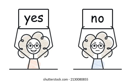 simple vector doodle character with yes and no banner, optimistic vs. pessimistic	