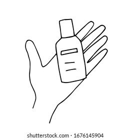 Simple vector doodle drawing in black outline on a white background. Hand disinfection, antiseptic gel on the palm, cleansing, care, protection against germs. Sanitizer, medications.