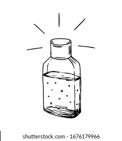 Simple vector doodle drawing in black outline on a white background. Hand disinfection, antiseptic gel in a bottle with bubbles, cleansing, care, protection against germs. Sanitizer, medications.