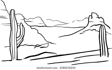 Simple vector doodle drawing of a desert with cacti, mesa