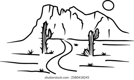 Simple vector doodle drawing of a desert with cacti, mesa and the sun