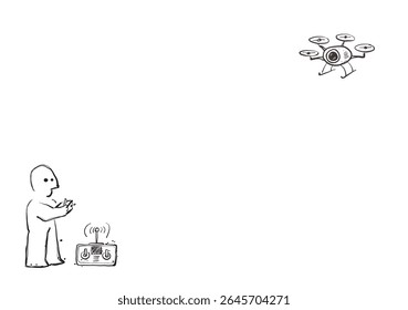 Simple vector doodle of a person operating a remote-controlled flying drone with a camera on white background 

