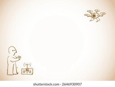 Simple vector doodle of a person operating a remote-controlled flying drone with a camera in beige colors.