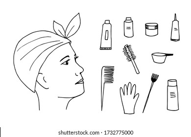Simple vector doodle set in black outline. The face of a cute girl in profile, hair wrapped in a towel. Skin Care, Cosmetics, Dyeing, Cream, Comb. Beauty salon at home, hairdresser.