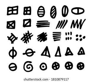 Simple vector doodle set of different geometric shapes. Strokes, triangles, circles, squares, spots. Black marker sketch. For creating a pattern, decoration.