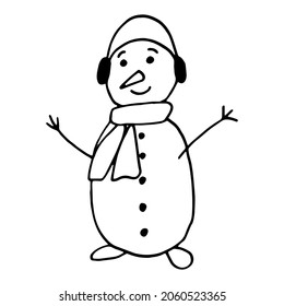 Simple vector doodle snowman with headphones. Hand drawn illustration with black liner in line art style. Creation of design for New Year, winter, Christmas