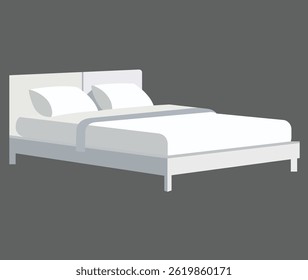 Simple vector double bed, table, potted plant. Scandinavian cozy bedroom furniture.