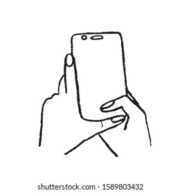 Simple vector drawing of a black line on a white background. Hands holding a mobile phone with a blank screen, contour.