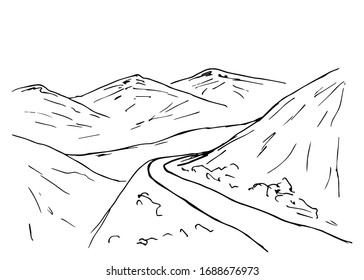 Simple vector drawing in black outline. Nature of mountainous countries, mountain landscape, pass, road, serpentine. Wildlife, trip, travel. Rocky terrain, sketch, coloring.