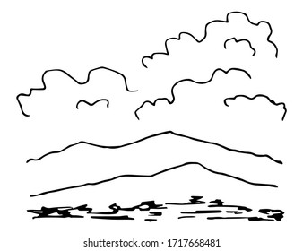 Einfache Vektorillustration in schwarzem Umriss. Natur, Landschaft, Wetter, Klima. Silhouette von Bergen, Wolken. Schwarz-Weiß-Tintenskizze.