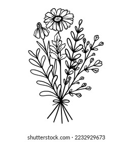 Simple vector drawing in black outline  Bouquet wildflowers isolated white background  Gift  birthday  March 8 