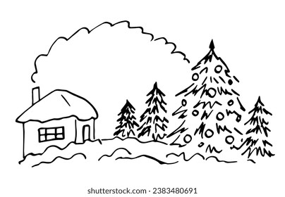 Simple vector drawing with black outline. Winter holiday landscape. House in the forest, smoke from the chimney, snow. Christmas tree, spruce and pine. Place for text in the cloud. Sketch in ink.