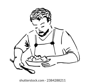 Simple vector drawing with black outline. A man is preparing food, holding a spoon and a bowl in his hand. Sketch in ink.