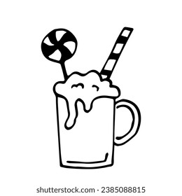 Simple vector drawing with black outline. Traditional Christmas drink eggnog, milkshake. Mug with striped straw and candy. Sketch in ink.