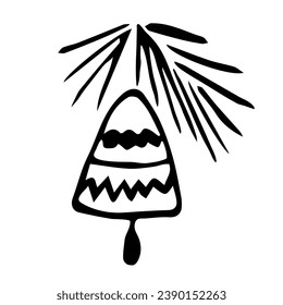 Simple vector drawing with black outline. Christmas, New Year's decor. Bell, coniferous branches. Sketch in ink.